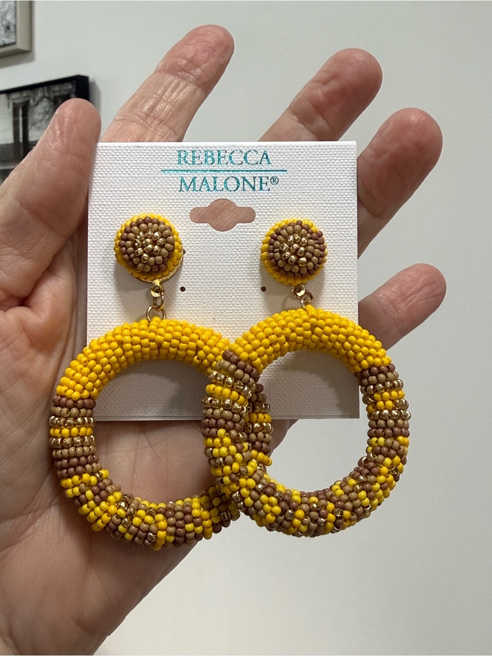 Rebecca Malone Yellow and Brown Beaded Hoop Earrings - Textured Statement Hoops